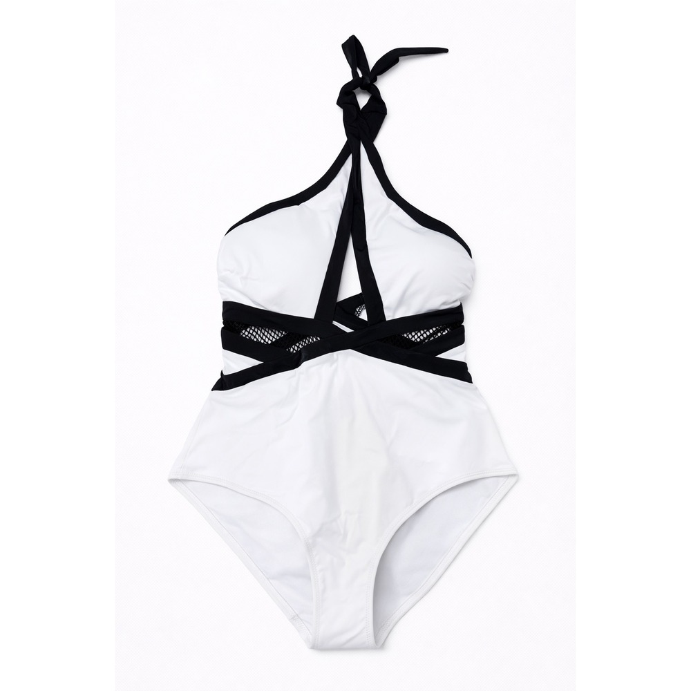 MOEVA London One Piece Swimsuit Halter‎ Neck Black White Mesh Accents Size S